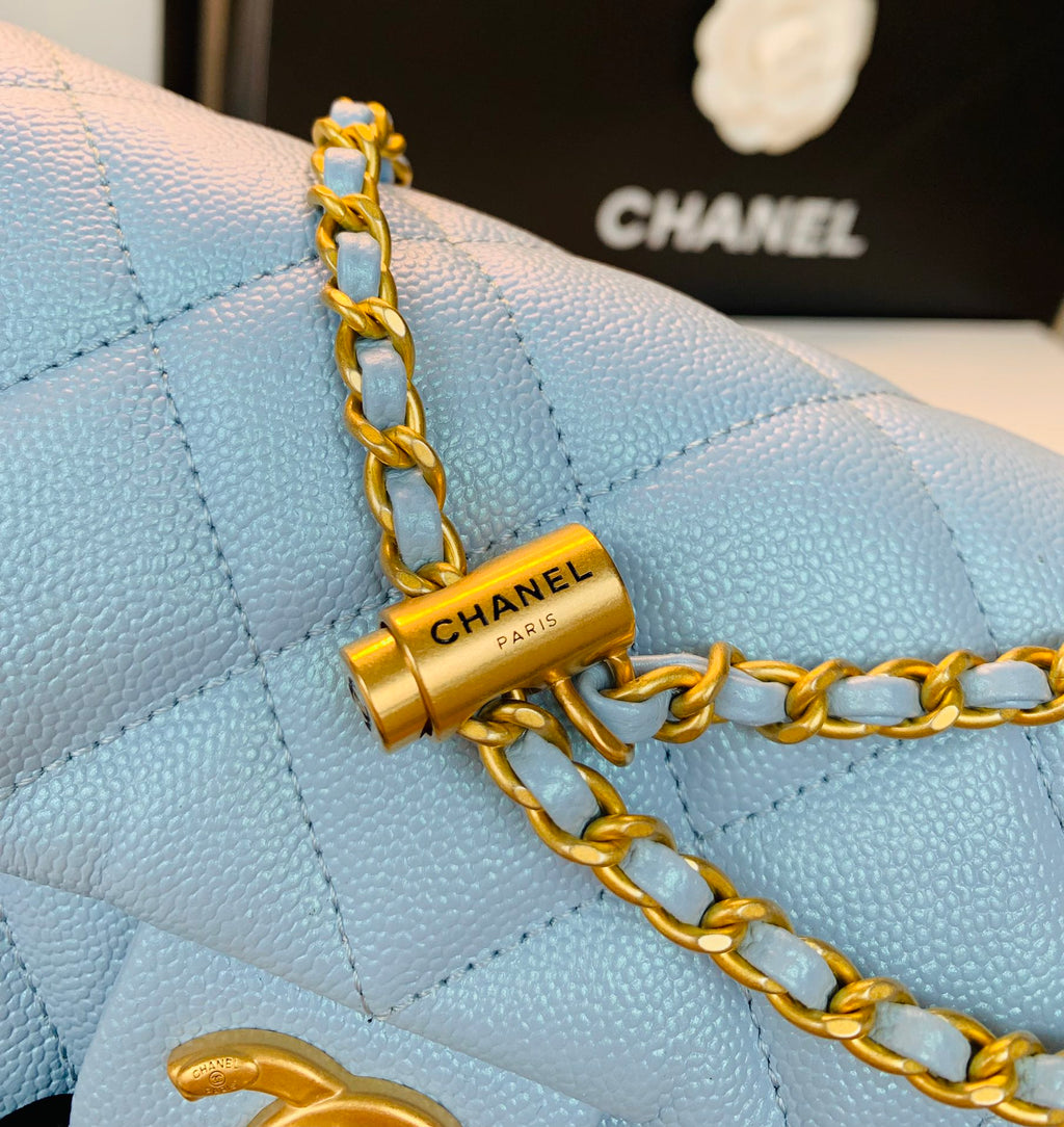 Chanel 25S Classic Flap 19 cm in Light Blue Caviar Leather with Gold Hardware Bag