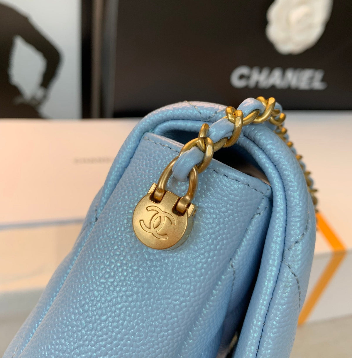 Chanel 25S Classic Flap 19 cm in Light Blue Caviar Leather with Gold Hardware Bag