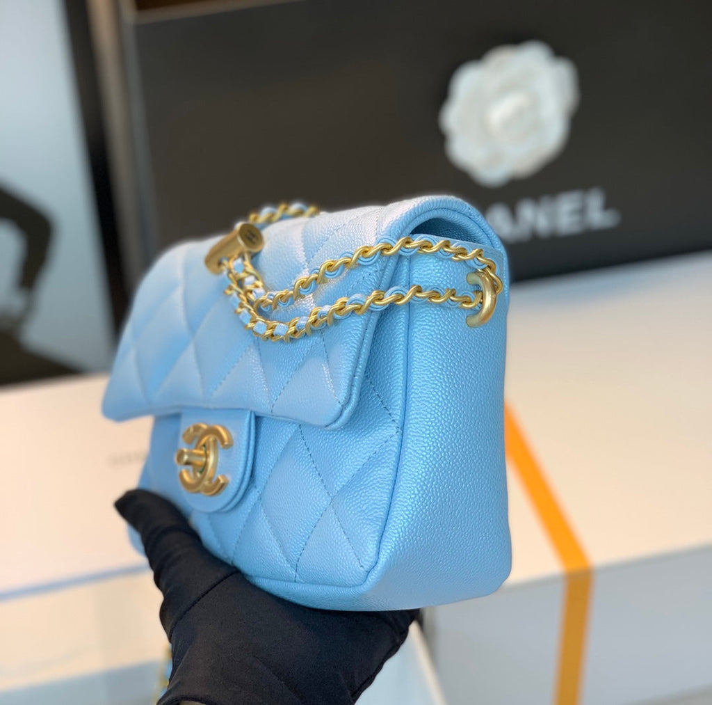 Chanel 25S Classic Flap 19 cm in Light Blue Caviar Leather with Gold Hardware Bag