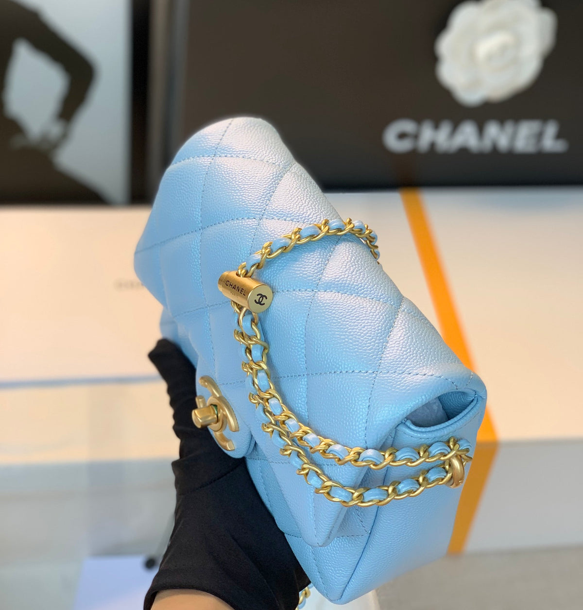 Chanel 25S Classic Flap 19 cm in Light Blue Caviar Leather with Gold Hardware Bag