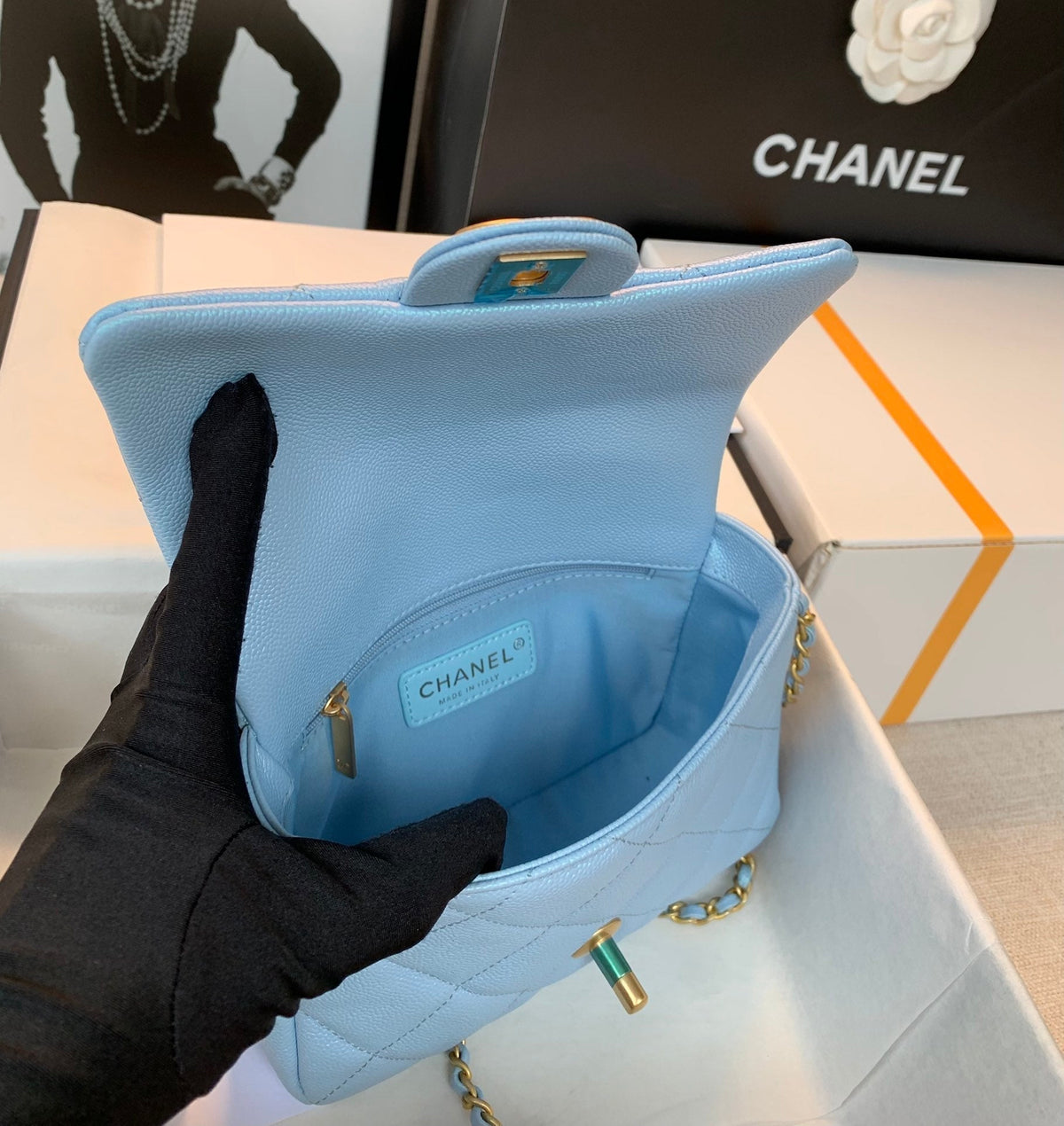 Chanel 25S Classic Flap 19 cm in Light Blue Caviar Leather with Gold Hardware Bag