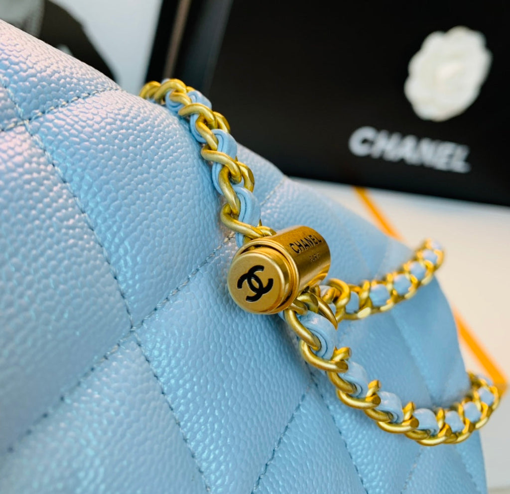 Chanel 25S Classic Flap 19 cm in Light Blue Caviar Leather with Gold Hardware Bag