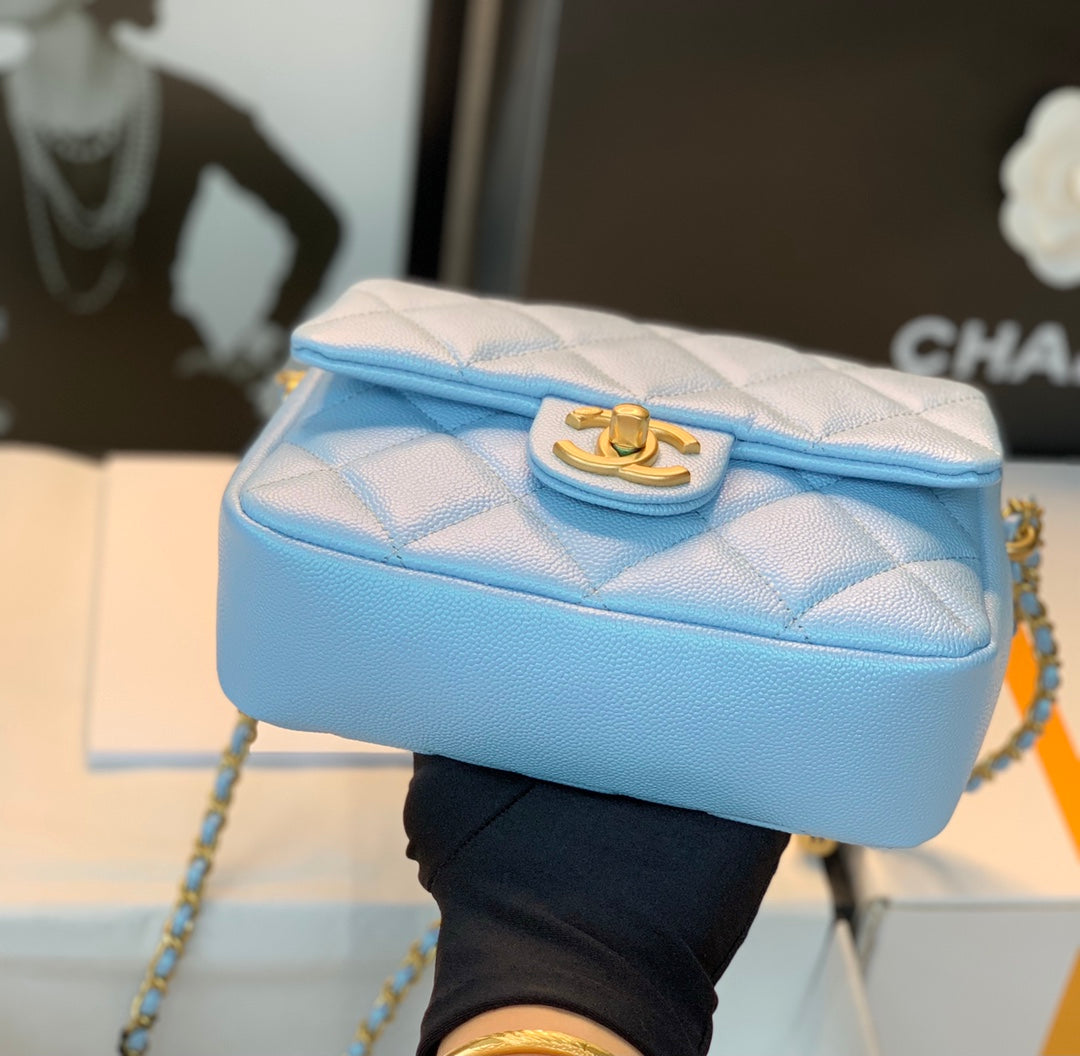 Chanel 25S Classic Flap 19 cm in Light Blue Caviar Leather with Gold Hardware Bag