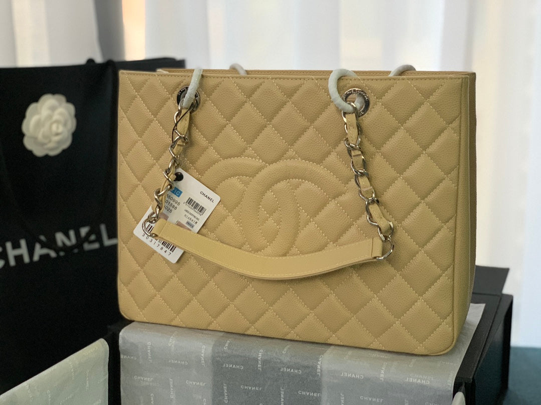 Chanel 25S Medallion Tote 33 cm in Beige Caviar with Silver Hardware