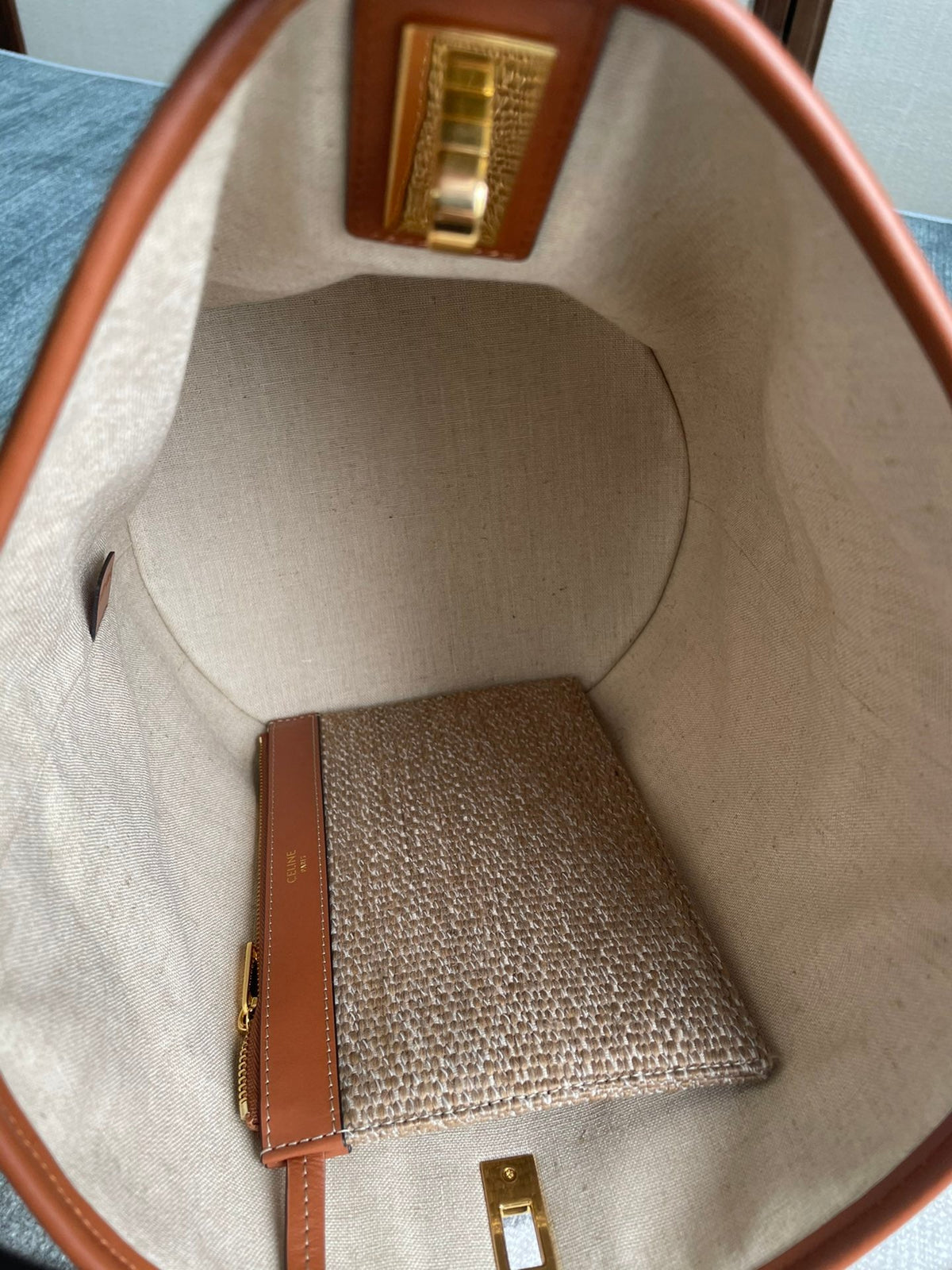Celine Bucket 25 in Printed Canvas Brown White