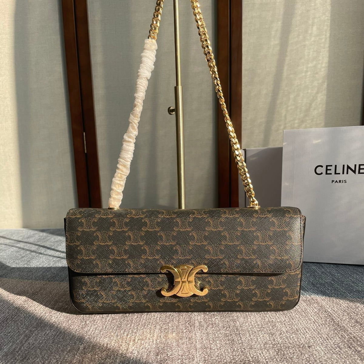 Celine Chain Shoulder Bag Claude 33 in Black Triomphe Canvas Gold Hardware