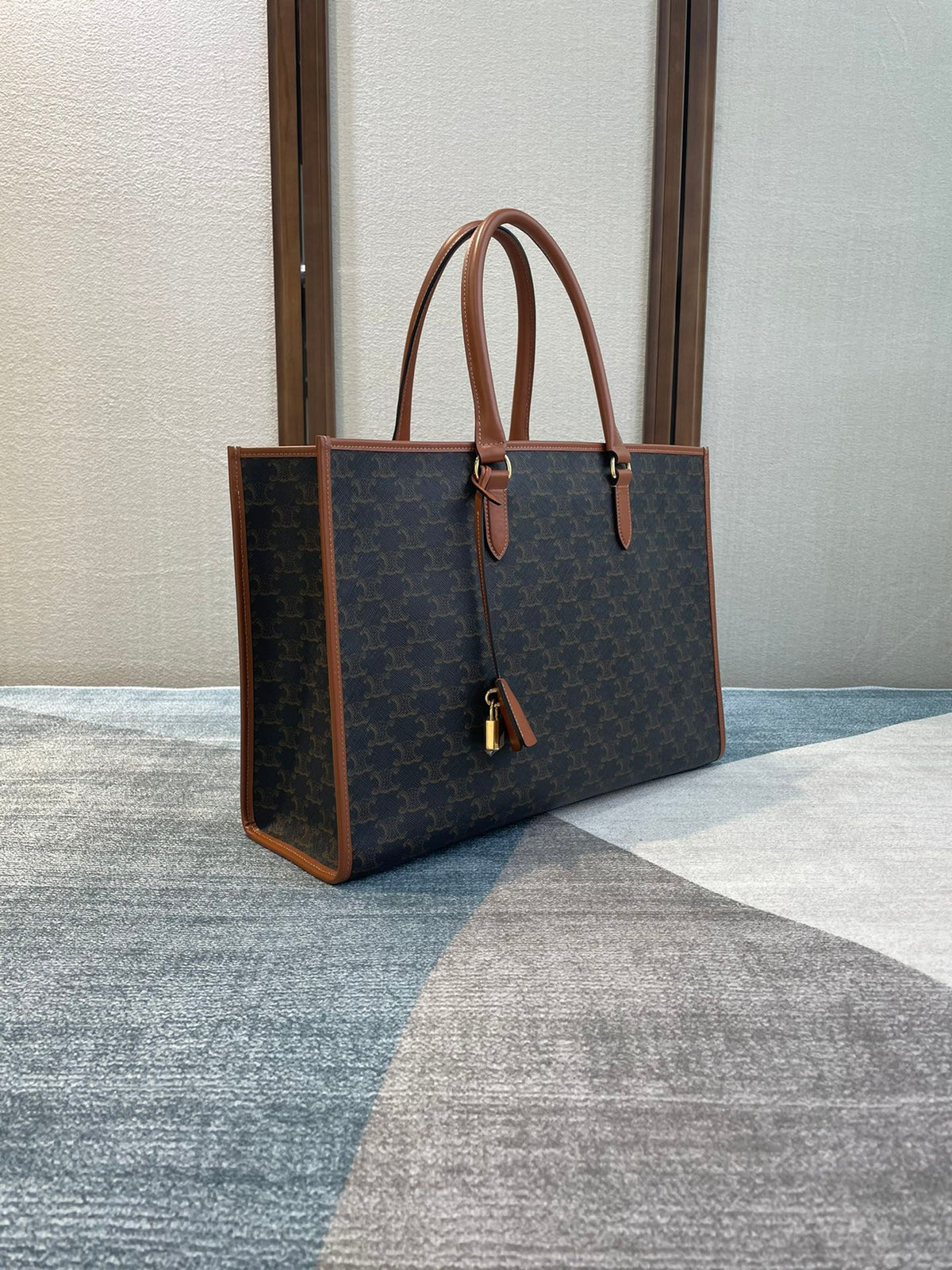 Celine 25S Horizontal Cabas 43mm in Black Triomphe Canvas and Tan Brown Calfskin Bag