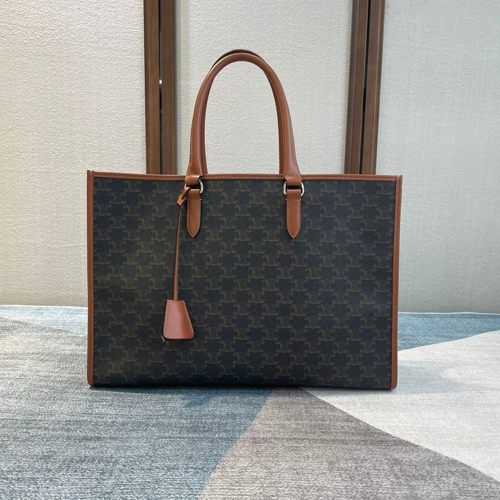 Celine 25S Horizontal Cabas 43mm in Black Triomphe Canvas and Tan Brown Calfskin Bag