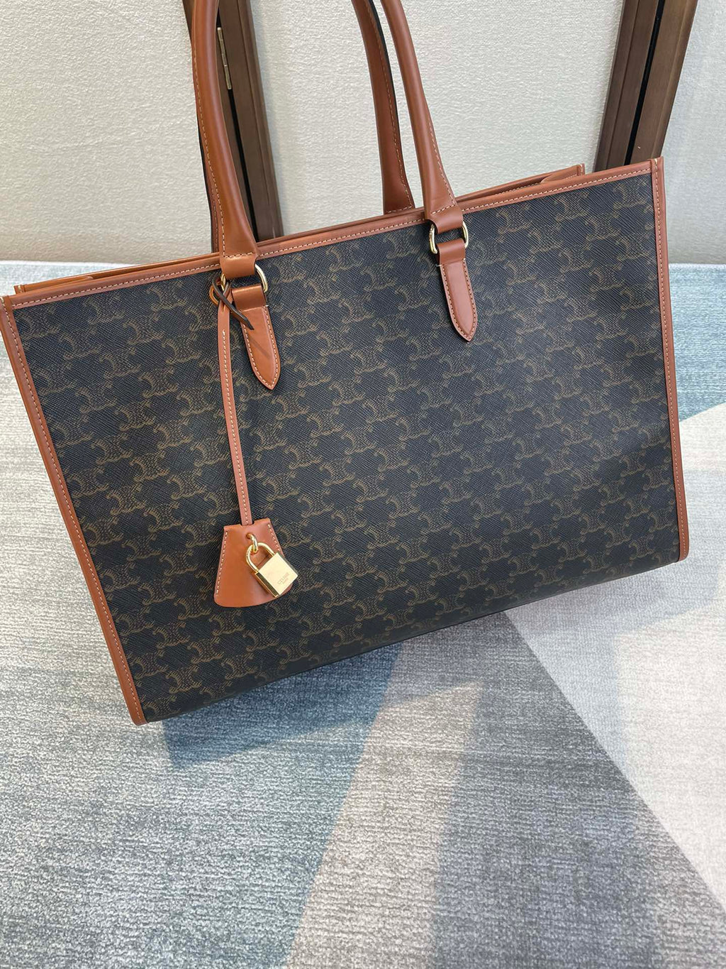 Celine 25S Horizontal Cabas 43mm in Black Triomphe Canvas and Tan Brown Calfskin Bag