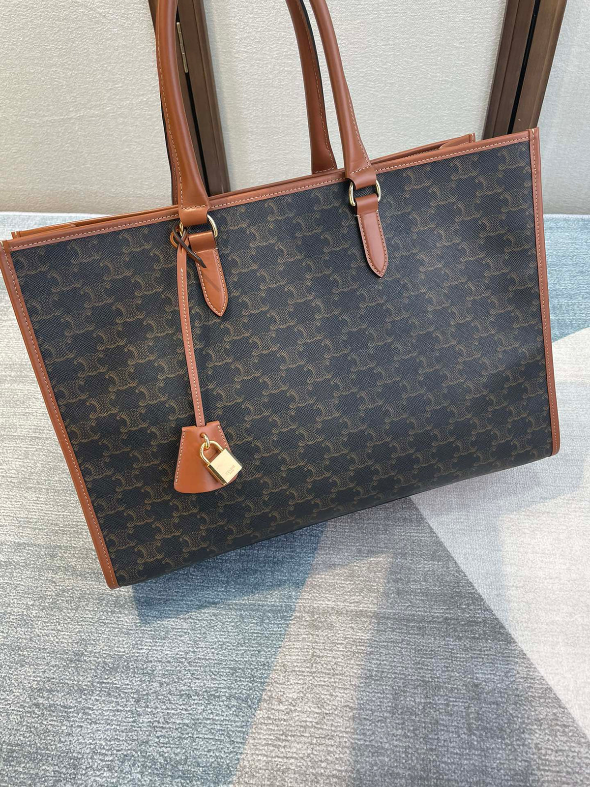 Celine 25S Horizontal Cabas 43mm in Black Triomphe Canvas and Tan Brown Calfskin Bag