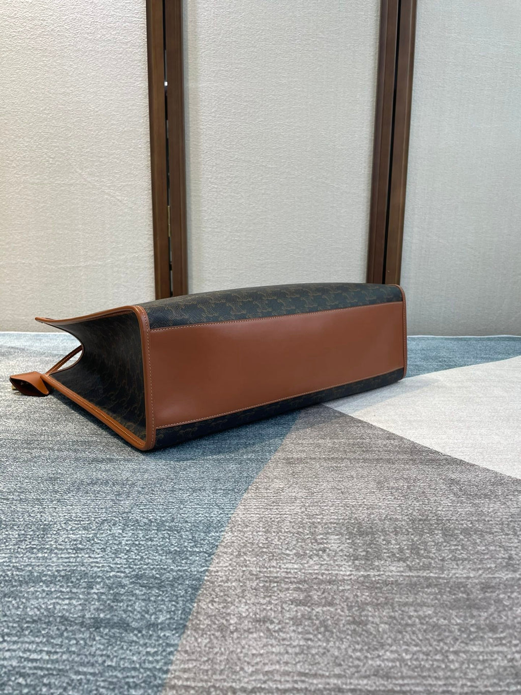 Celine 25S Horizontal Cabas 43mm in Black Triomphe Canvas and Tan Brown Calfskin Bag