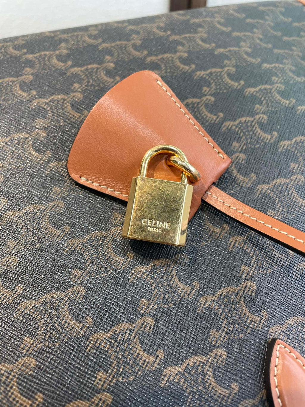 Celine 25S Horizontal Cabas 43mm in Black Triomphe Canvas and Tan Brown Calfskin Bag