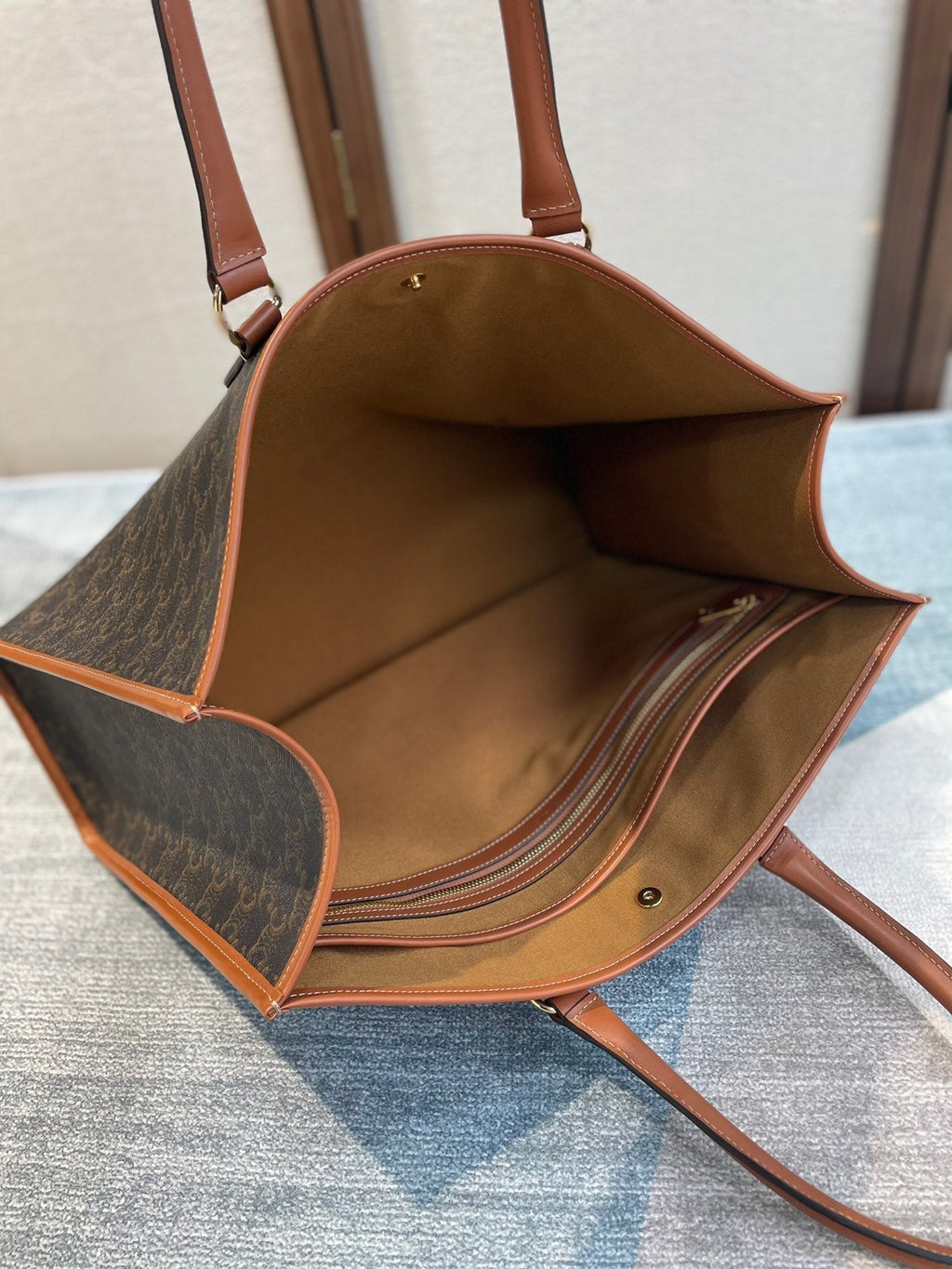 Celine 25S Horizontal Cabas 43mm in Black Triomphe Canvas and Tan Brown Calfskin Bag