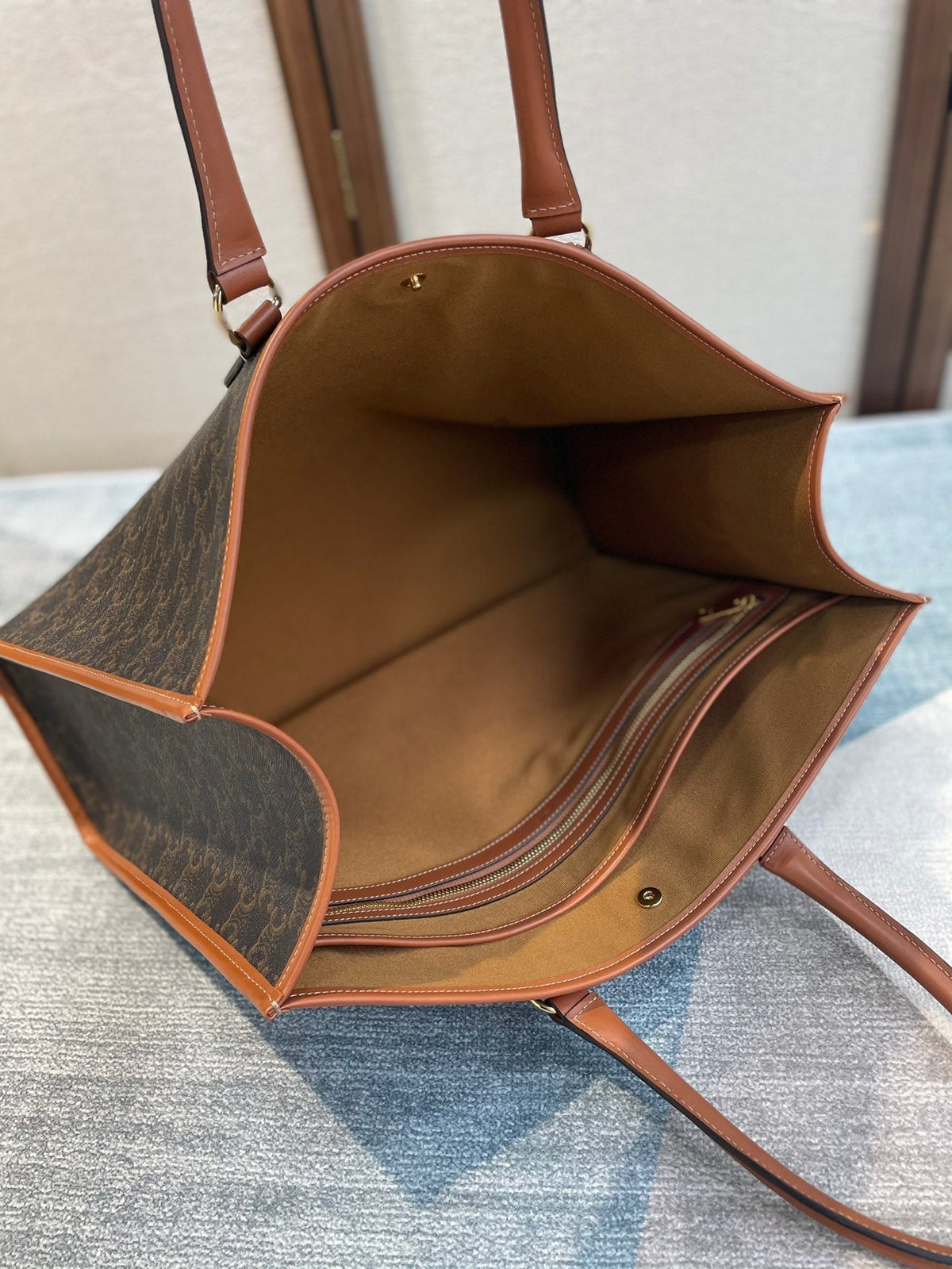 Celine 25S Horizontal Cabas 43mm in Black Triomphe Canvas and Tan Brown Calfskin Bag