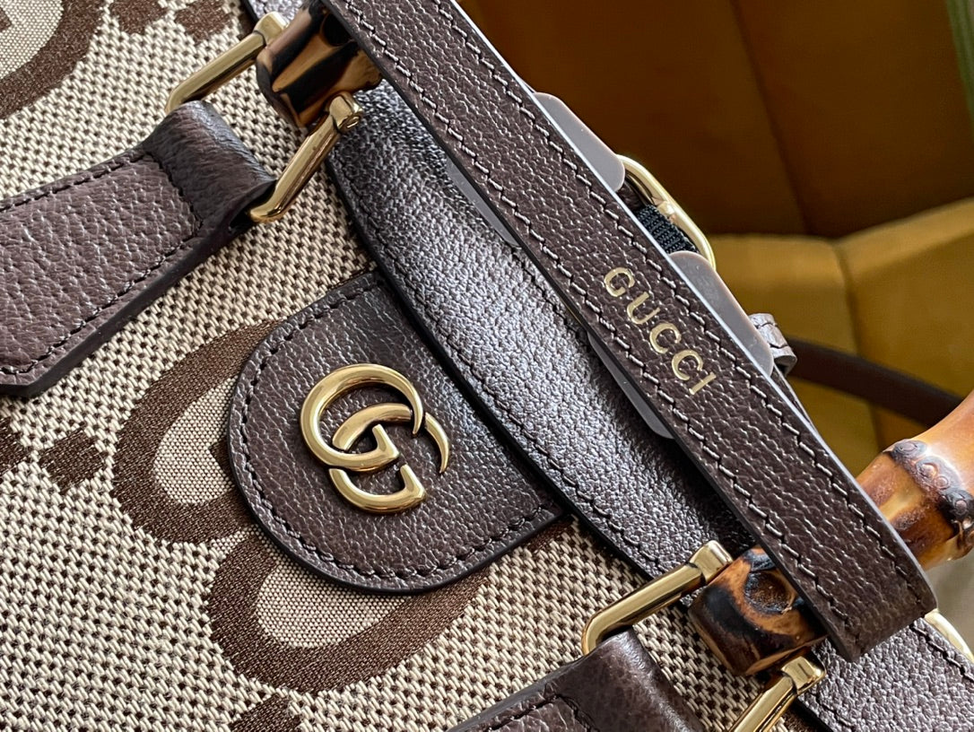 Gucci Diana 27 Mini Tote Bag in Beige Canvas and Brown Calfskin