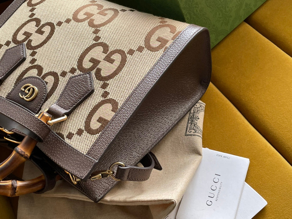 Gucci Diana 27 Mini Tote Bag in Beige Canvas and Brown Calfskin
