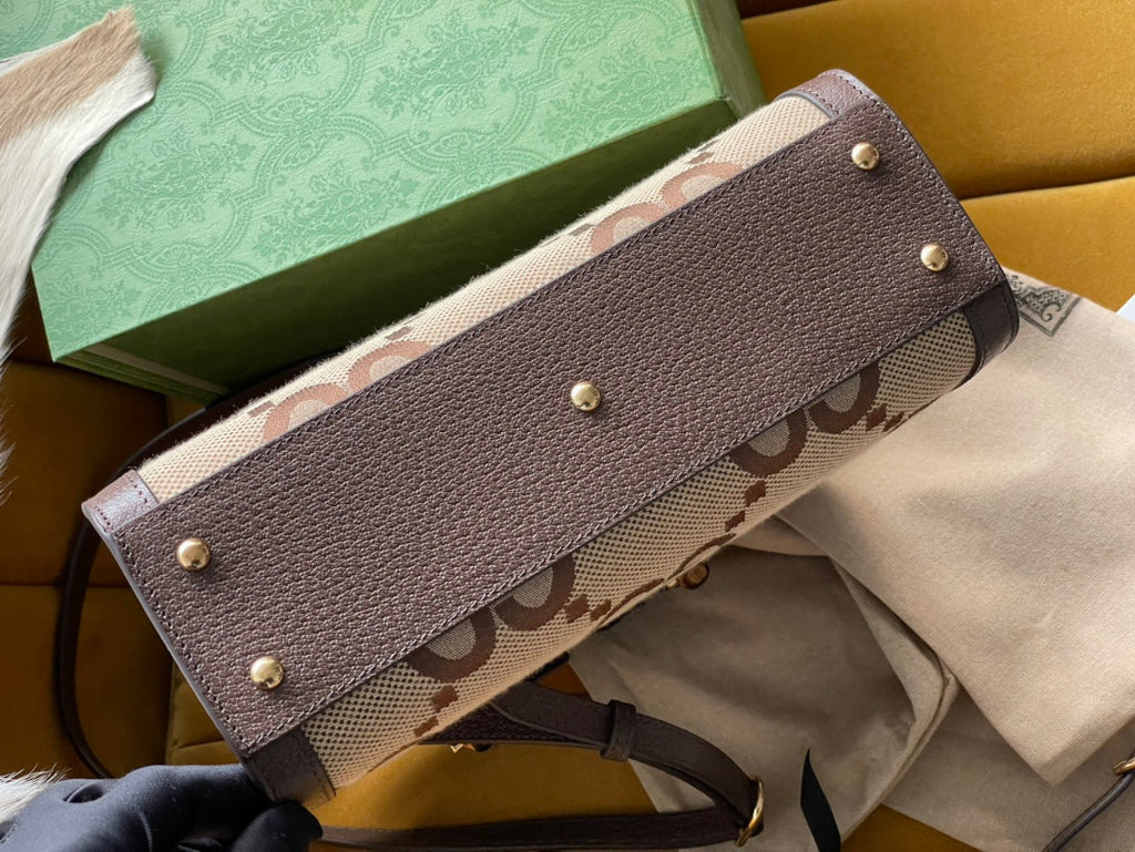 Gucci Diana 27 Mini Tote Bag in Beige Canvas and Brown Calfskin