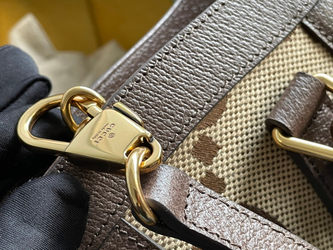 Gucci Diana 27 Mini Tote Bag in Beige Canvas and Brown Calfskin