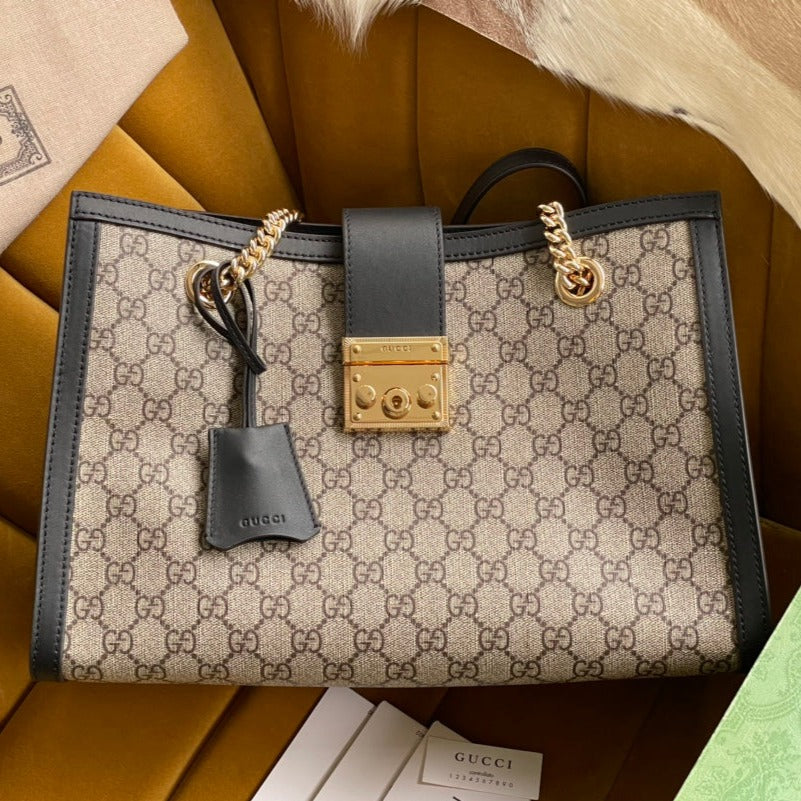 Gucci Padlock Large 35 Shoulder Bag Beige Canvas and Black Calfskin