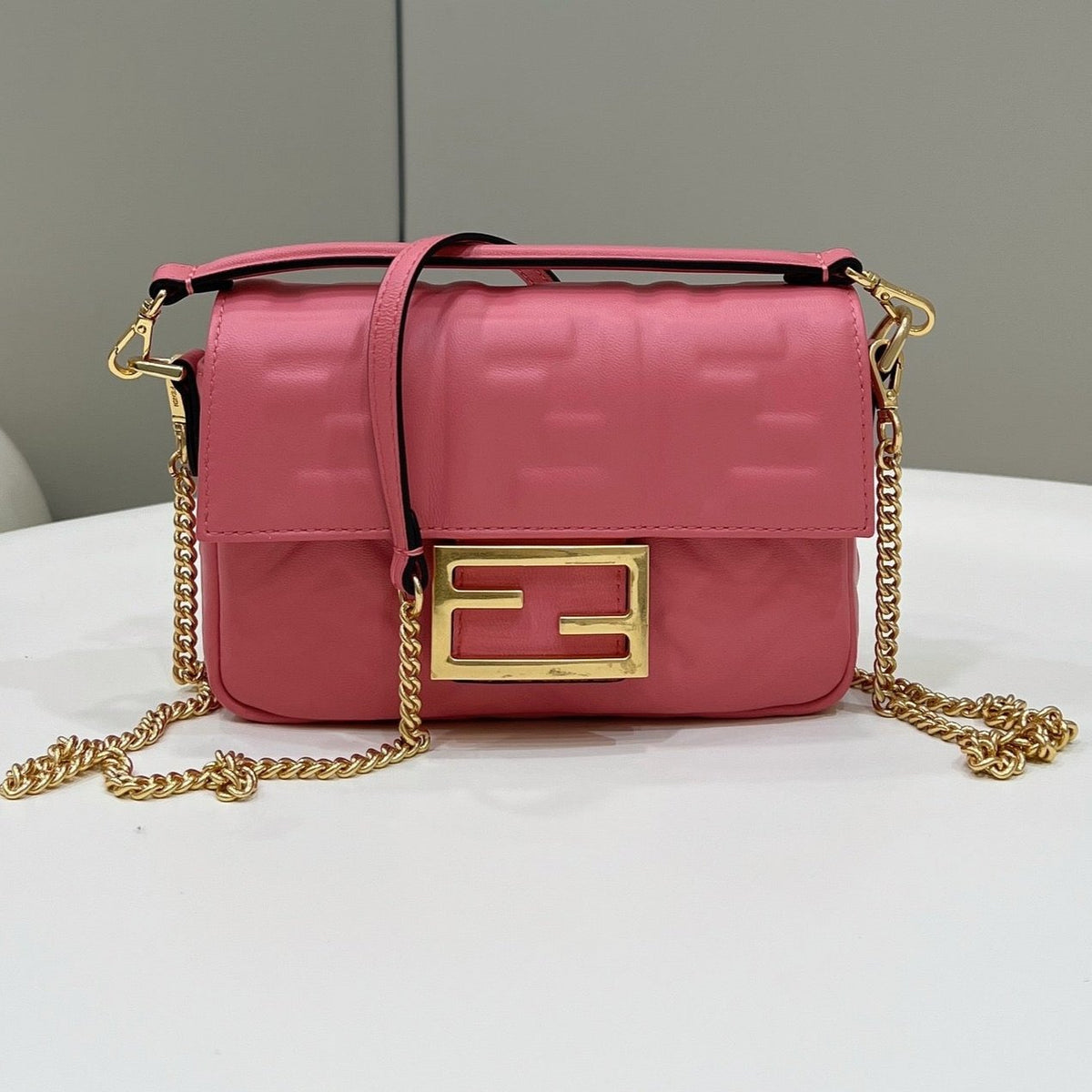 Baguette Mini 19 Dark Pink Nappa Leather Bag with Ff Motif