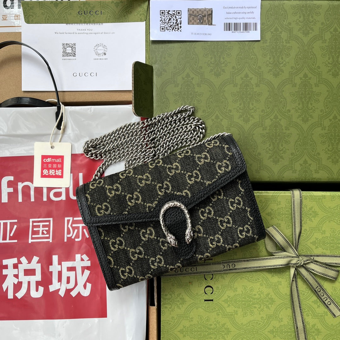 Gucci Dyonysus Shoulder Bag 20 in Black Yellow Denim and Black Calfskin Trim Silver Hardware