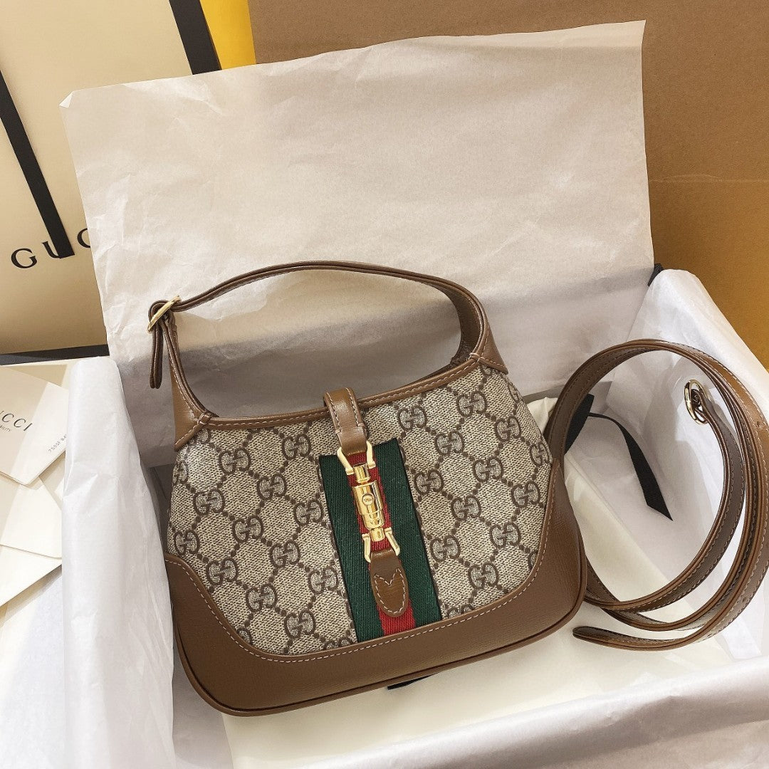 Gucci Jackie 1961 Mini 19 Shoulder Bag in Beige Canvas and Brown Calfskin