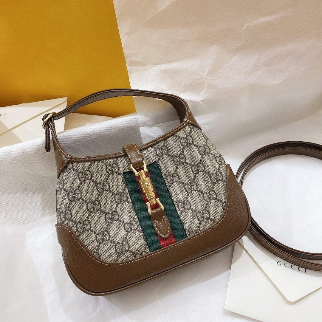 Gucci Jackie 1961 Mini 19 Shoulder Bag in Beige Canvas and Brown Calfskin