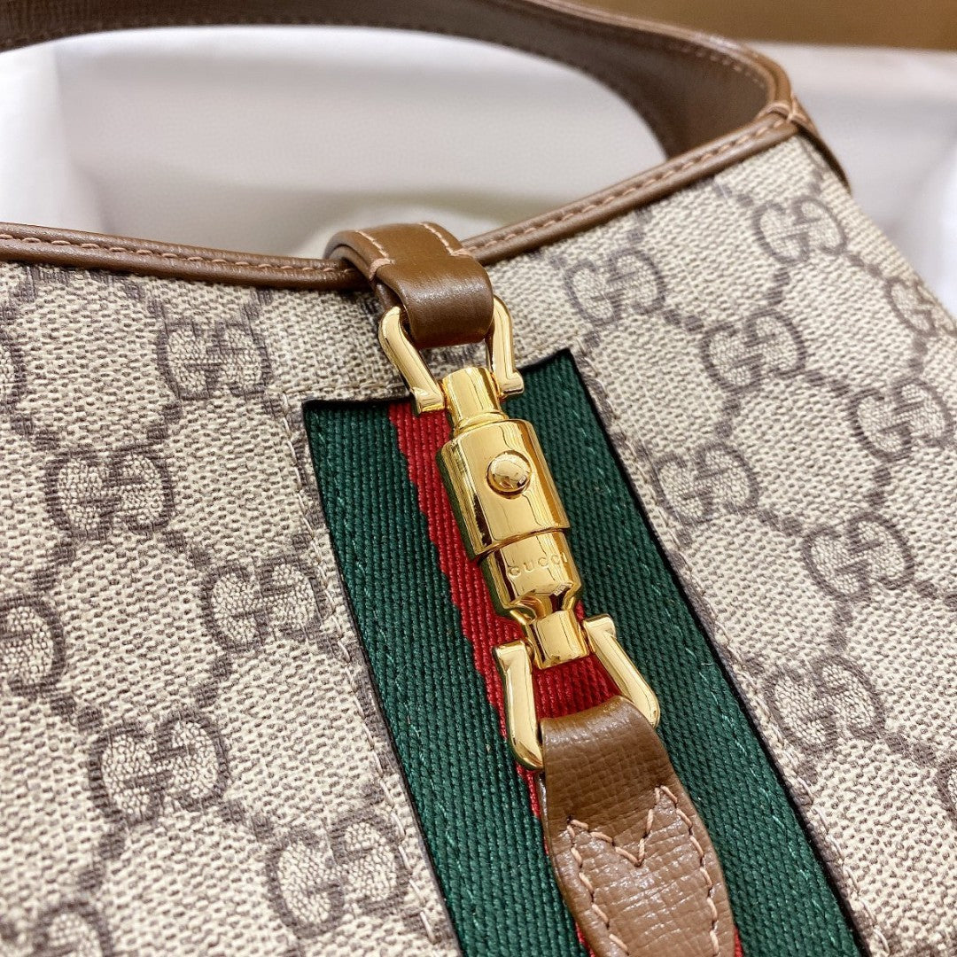 Gucci Jackie 1961 Mini 19 Shoulder Bag in Beige Canvas and Brown Calfskin