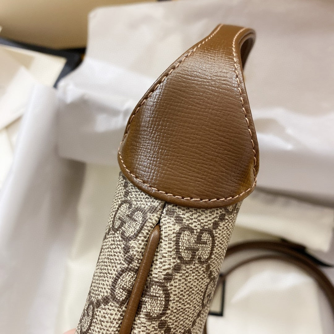Gucci Jackie 1961 Mini 19 Shoulder Bag in Beige Canvas and Brown Calfskin