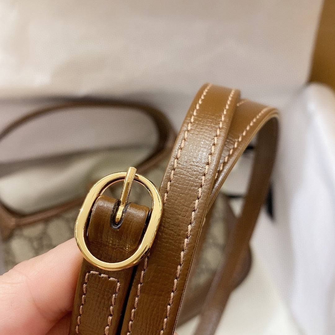 Gucci Jackie 1961 Mini 19 Shoulder Bag in Beige Canvas and Brown Calfskin