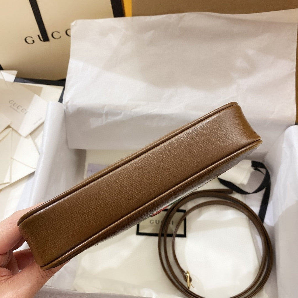 Gucci Jackie 1961 Small 28 Shoulder Bag in Beige Canvas and Brown Calfskin