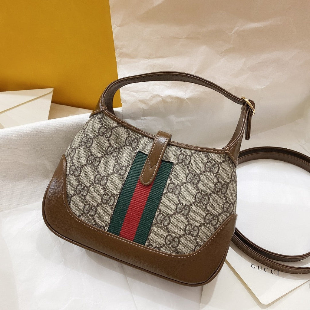 Gucci Jackie 1961 Mini 19 Shoulder Bag in Beige Canvas and Brown Calfskin