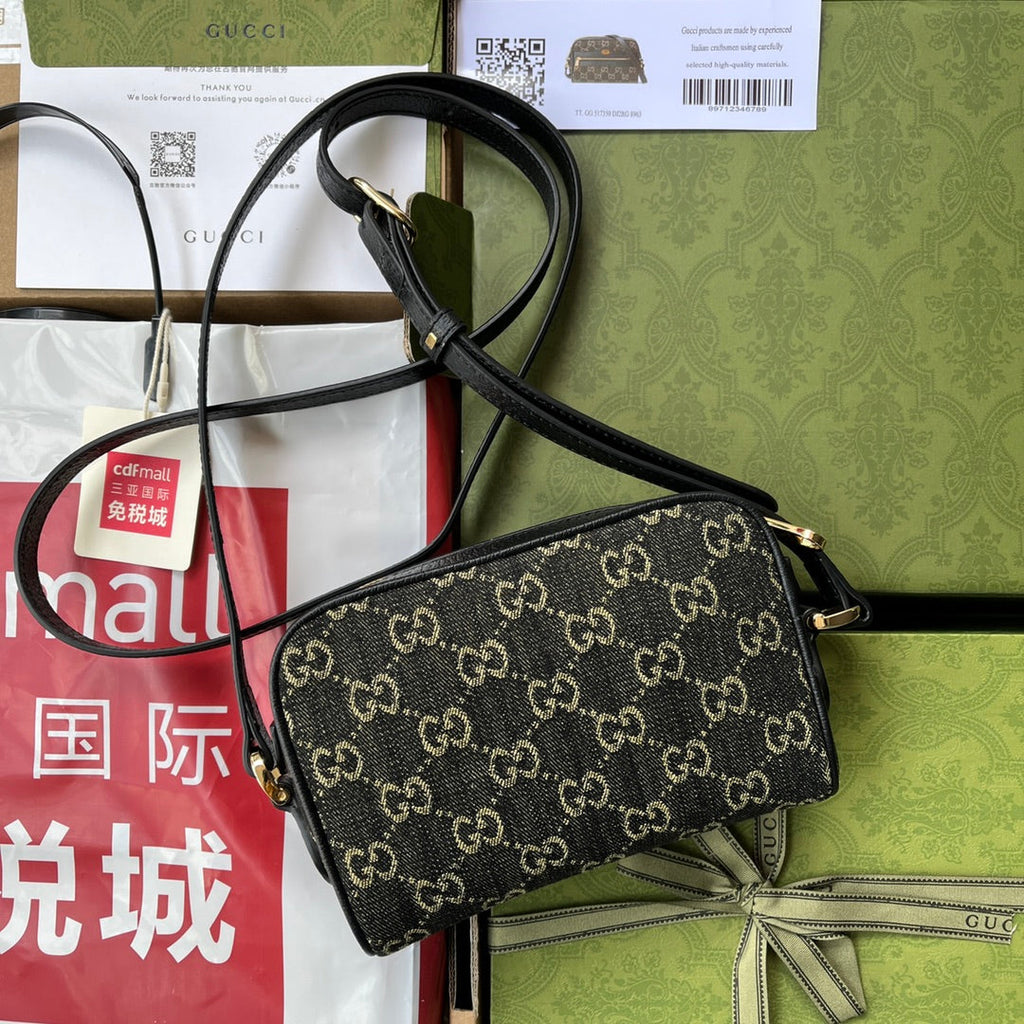 Gucci Denim Shoulder Bag 17 Black with Leather Trim