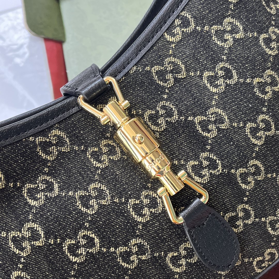 Gucci Jackie 1961 Shoulder Bag 28 in Black Yellow Denim and Black Calfskin Trim Gold Hardware