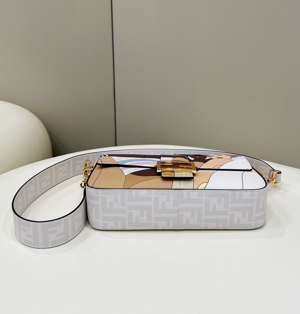 Fendi 27 Baguette Bag in White Calfskin Attach Sticker Gold Hardware