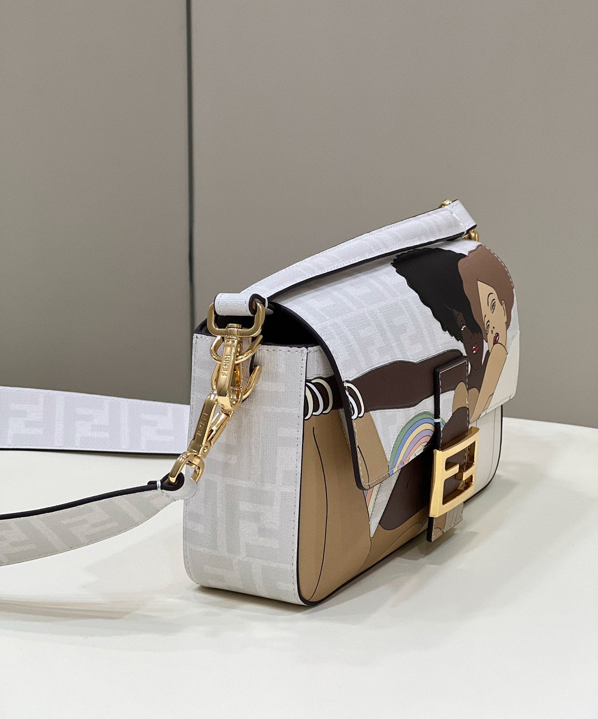 Fendi 27 Baguette Bag in White Calfskin Attach Sticker Gold Hardware