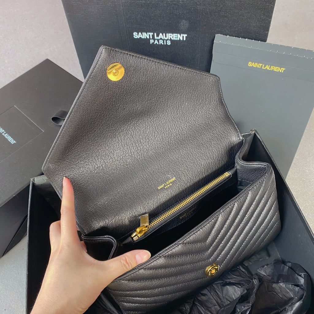 Saint Laurent College Medium 24 in Black Lambskin Gold Hardware Bag