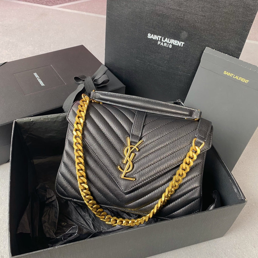 Saint Laurent College Medium 24 in Black Lambskin Gold Hardware Bag