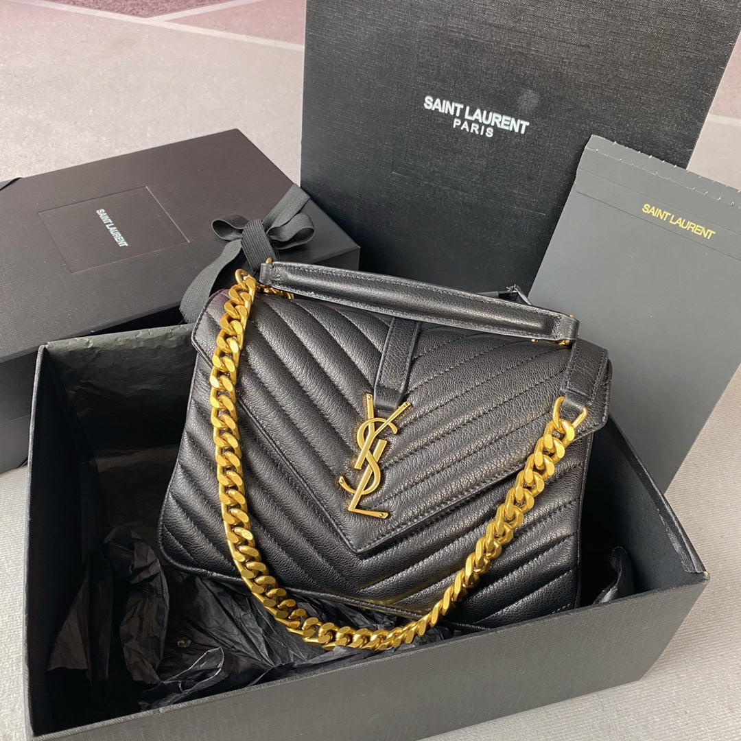 Saint Laurent College Medium 24 in Black Lambskin Gold Hardware Bag