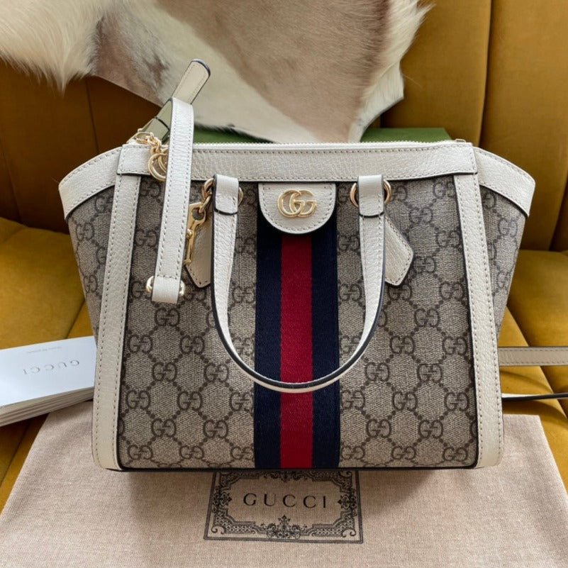 Gucci Ophidia 24 Tote in Beige Canvas and White Calfskin