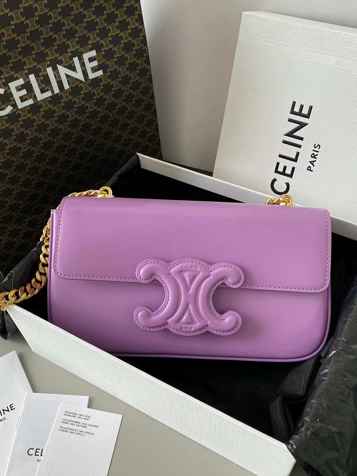 Celine 20 Chain Embossed Armpit Bag Purple Calfskin