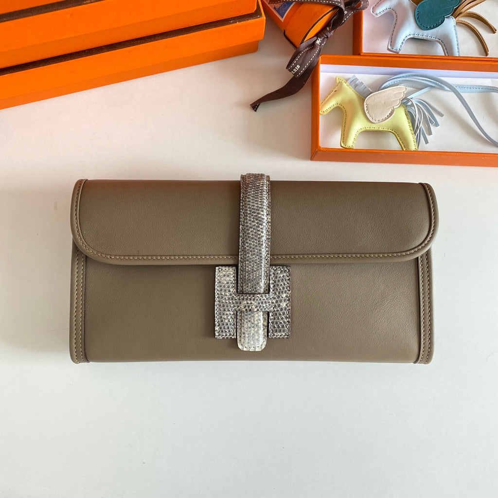 Hermes Jige Elan 29 Clutch in Chocolate Brown Calfskin with Whte Lizard Skin
