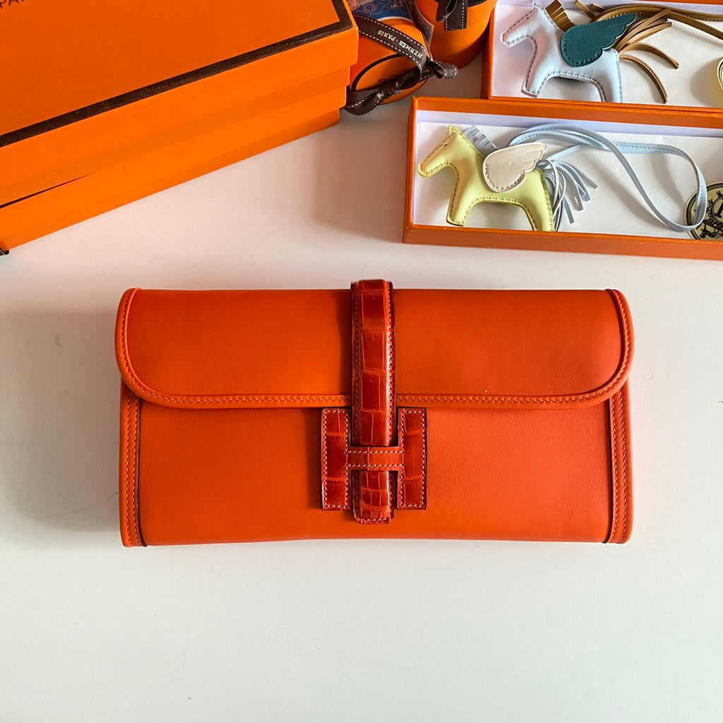 Hermes Jige Elan 29 Clutch in Bright Orange Calfskin with Lizard Skin