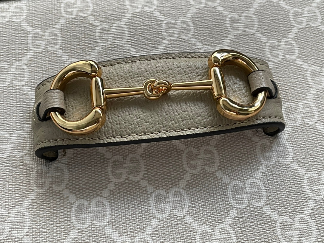 Gucci Horsebit 1955 Saddle Bag 25 in White Canvas and Beige Calfskin