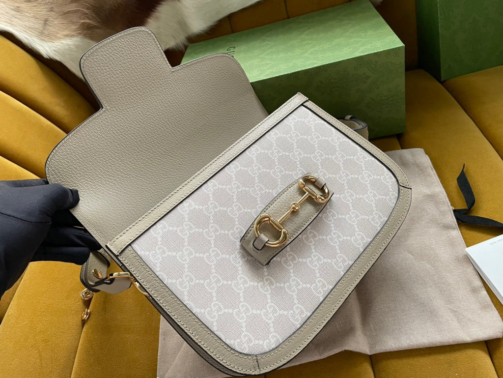 Gucci Horsebit 1955 Saddle Bag 25 in White Canvas and Beige Calfskin