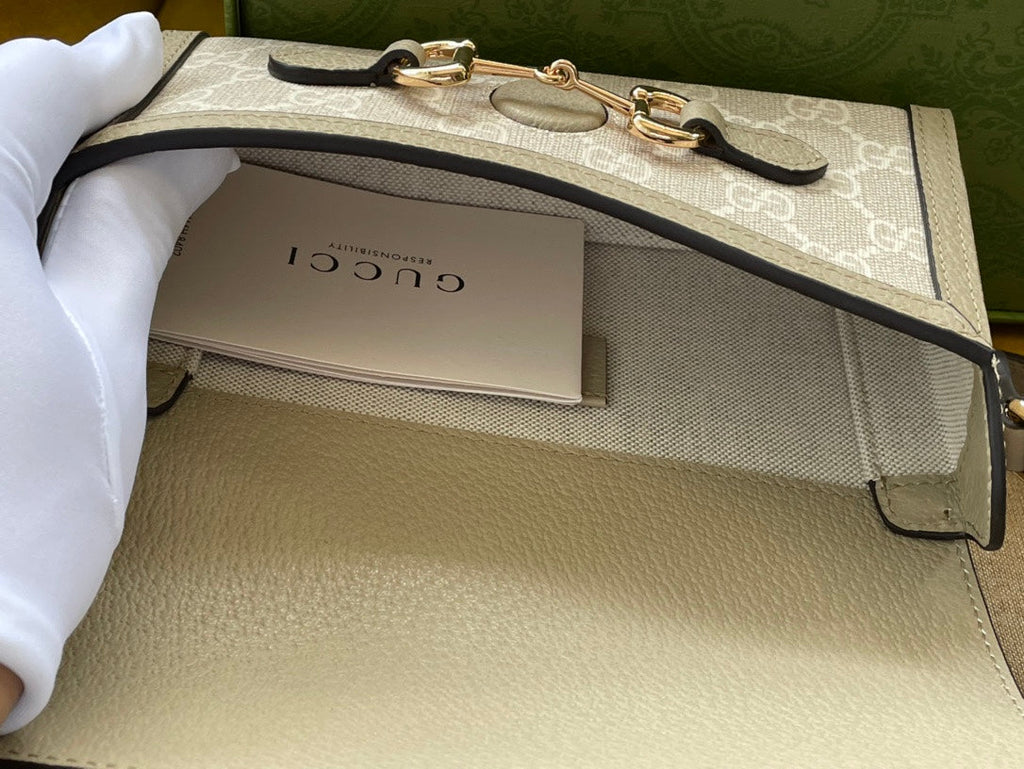 Gucci Horsebit 1955 Mini 18 Bag White Canvas and Beige Calfskin