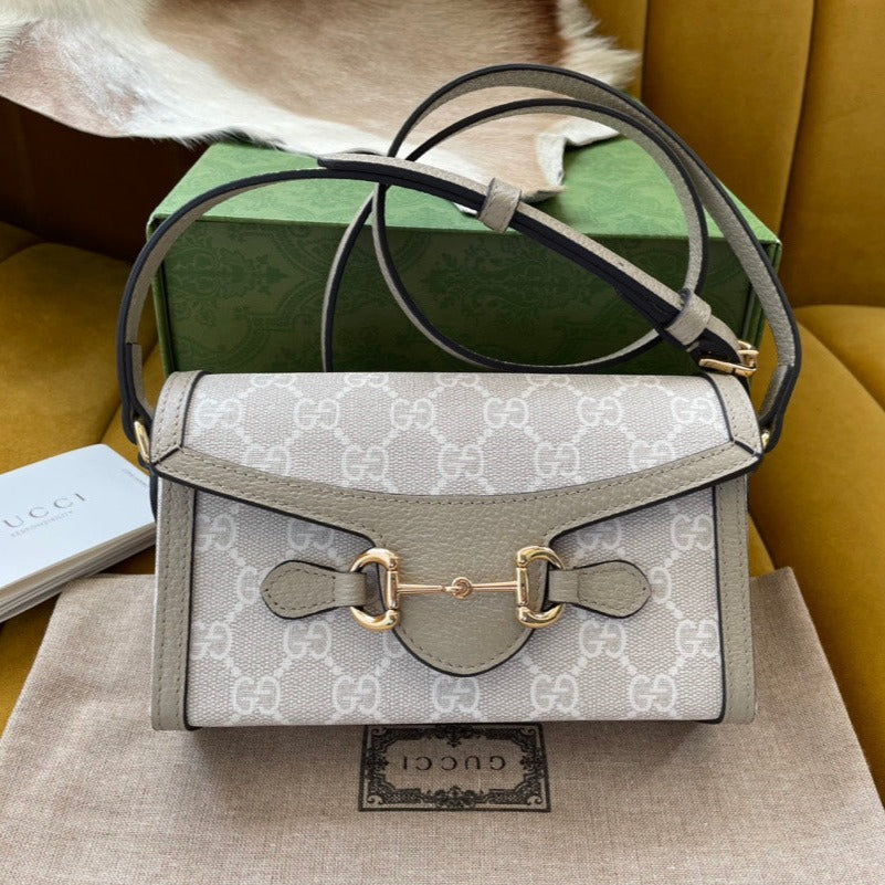 Gucci Horsebit 1955 Mini 18 Bag White Canvas and Beige Calfskin