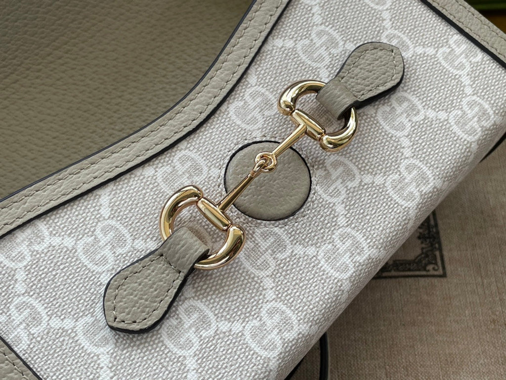 Gucci Horsebit 1955 Mini 18 Bag White Canvas and Beige Calfskin