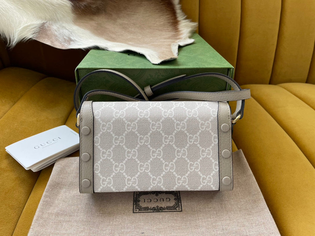 Gucci Horsebit 1955 Mini 18 Bag White Canvas and Beige Calfskin