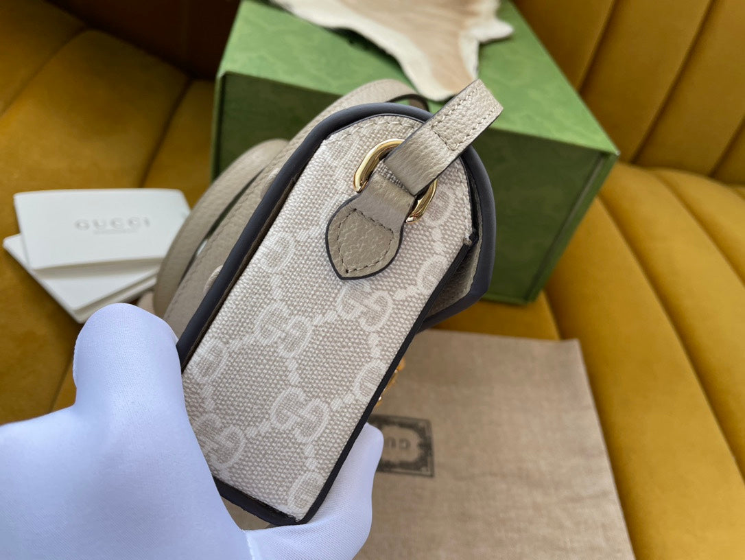 Gucci Horsebit 1955 Mini 18 Bag White Canvas and Beige Calfskin